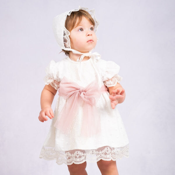 Christening Dress With Pink Bow 91393