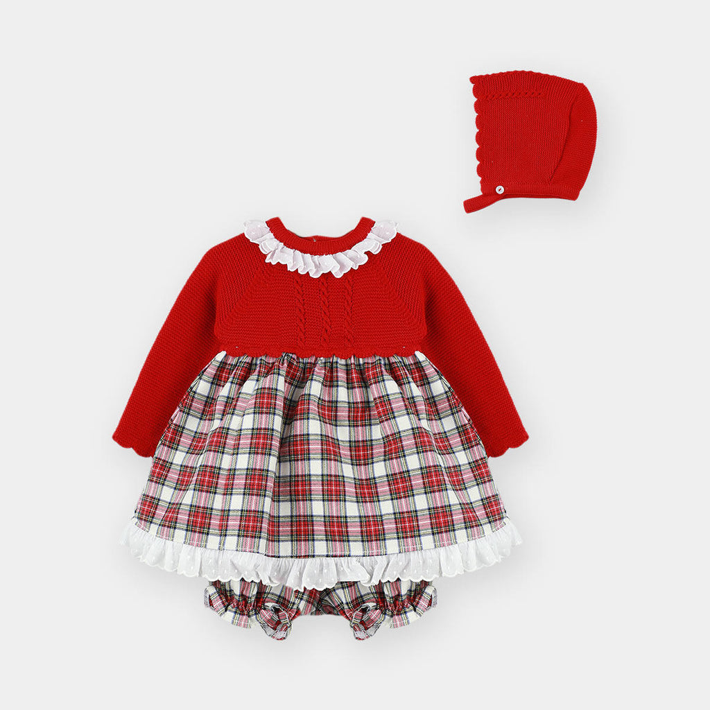 Girls Red Half Knit Tartan Dress DF23031