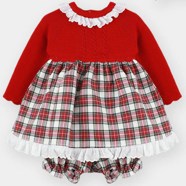 Girls Red Half Knit Tartan Dress DF23031