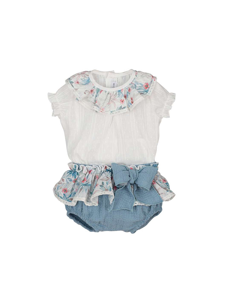 Teal Floral Print Collar Top & Bloomers 17733