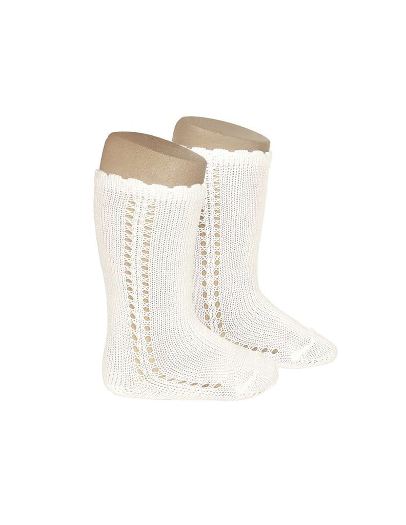 Side openwork perle knee high socks CREAM 202