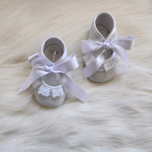 BABY SHOES IN LEATHER WITH BOW AND LACE 7025 WHITE