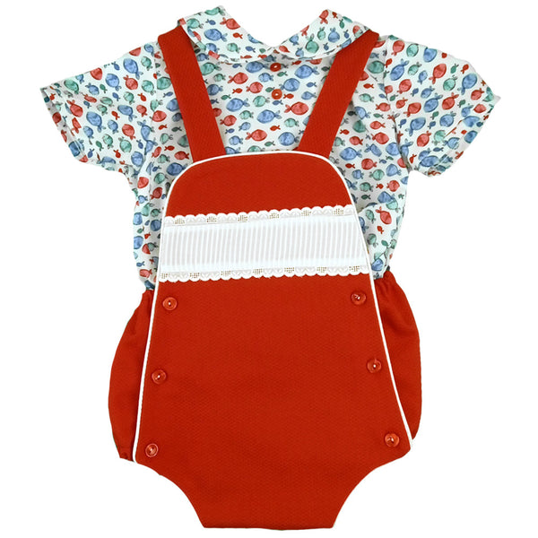 Boys Side Bottom Romper With Fish Print Shirt 22222