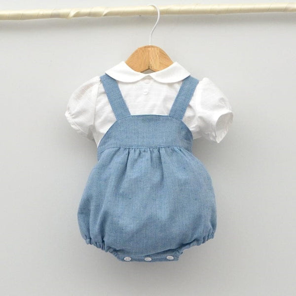 White/ Blue Cotton T-shirt and linen dungarees set 23226