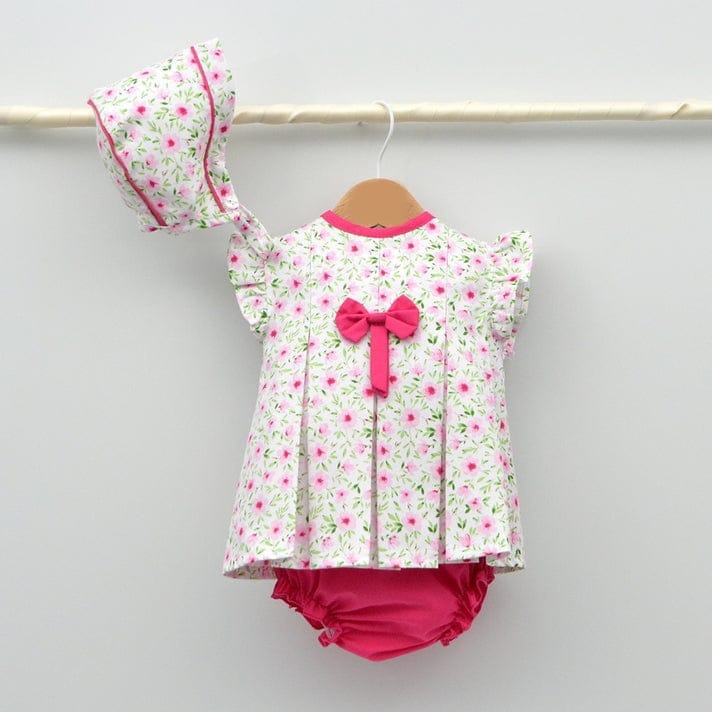 Pink floral dress, bonnet & pant set 23110