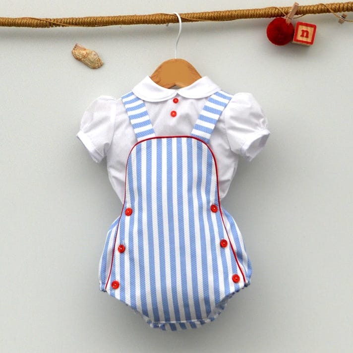 Light Blue Striped Blouse And Overalls Set 23216