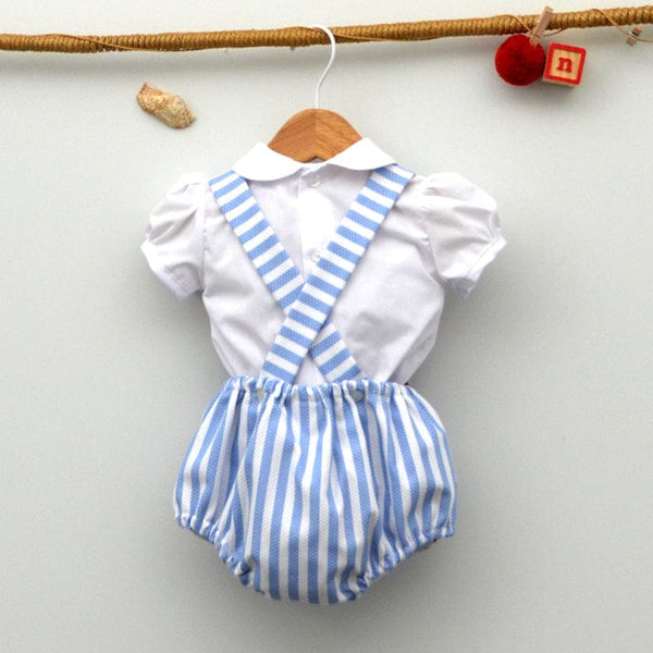 Light Blue Striped Blouse And Overalls Set 23216