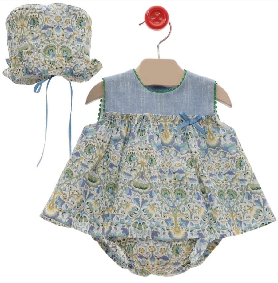 BLUE FLORAL SHORT DRESS WITH MATCHING BONNET 0170