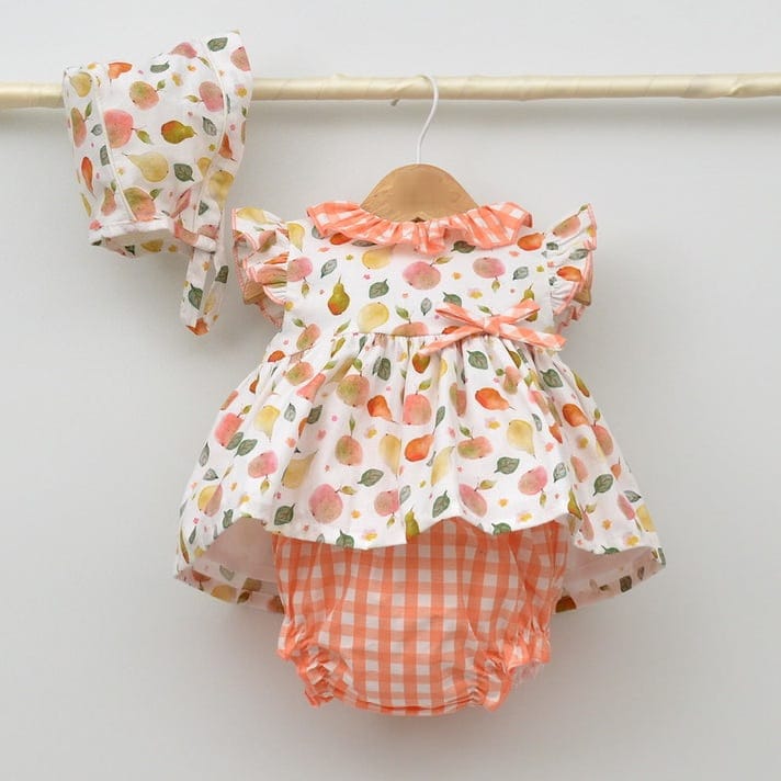 PEACH DRESS WITH BONNET & BLOOMERS 24118