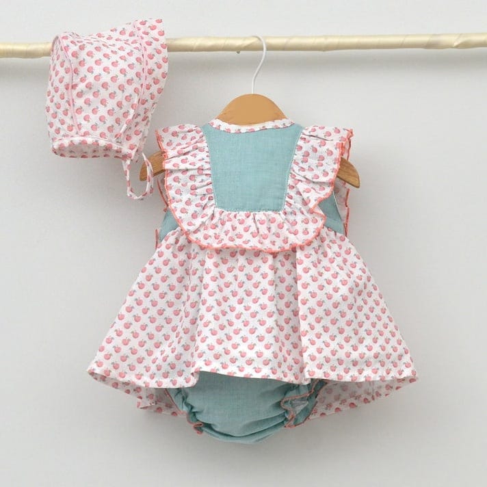 APPLE PRINT DRESS WITH BONNET & BLOOMERS 24120