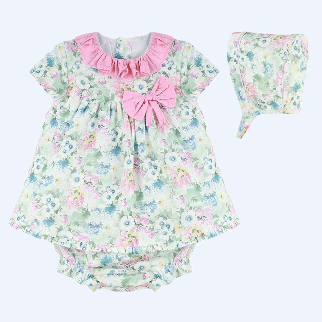 PINK FLORAL DRESS WITH BONNET & BLOOMERS 24126