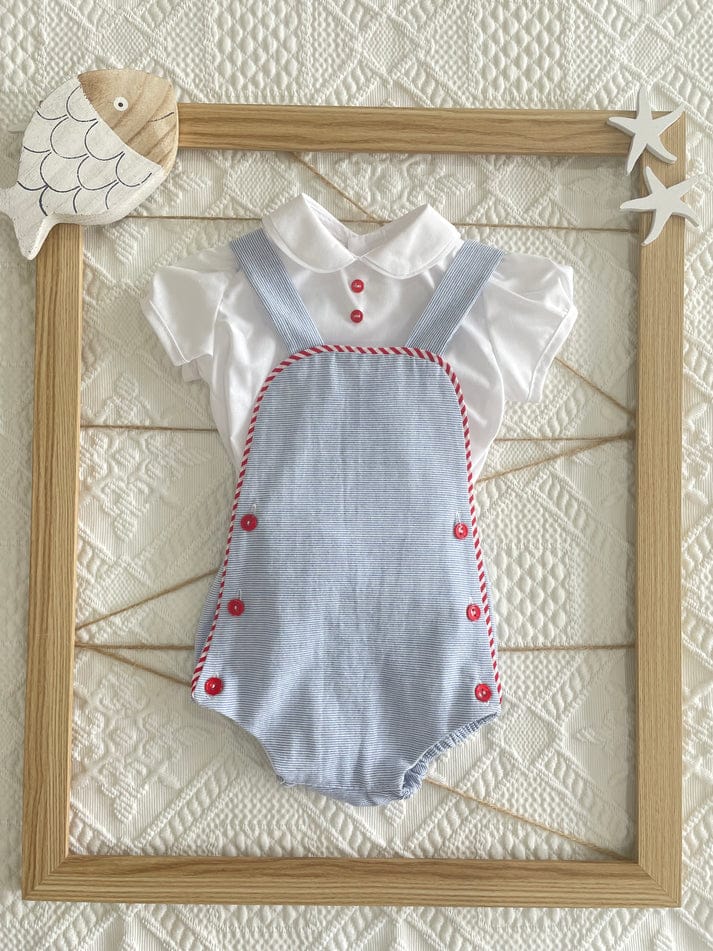 Blue & White Dungaree Romper Shirt Set 23220