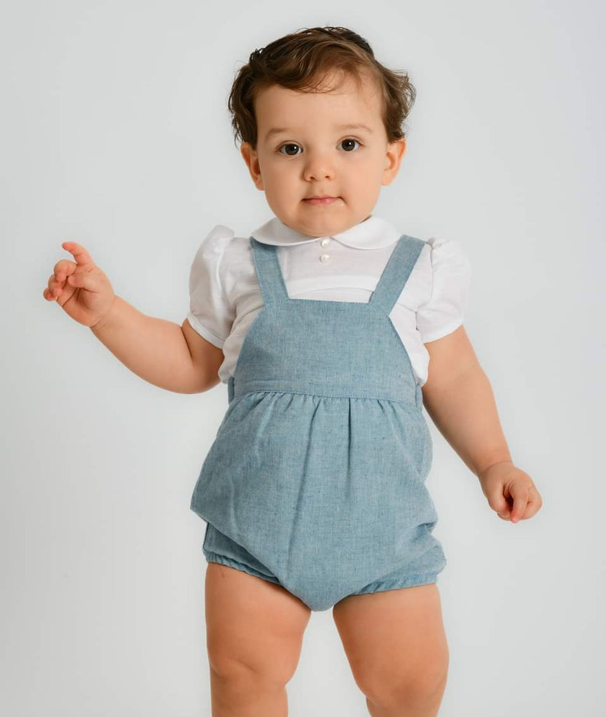 White/ Blue Cotton T-shirt and linen dungarees set 23226