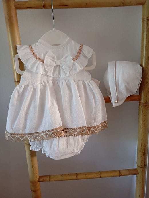 WHITE BOW DRESS WITH BONNET & BLOOMERS 24107