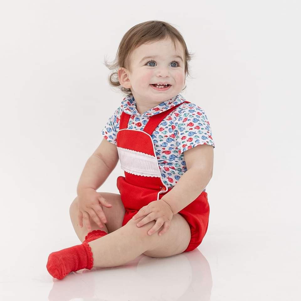 Boys Side Bottom Romper With Fish Print Shirt 22222