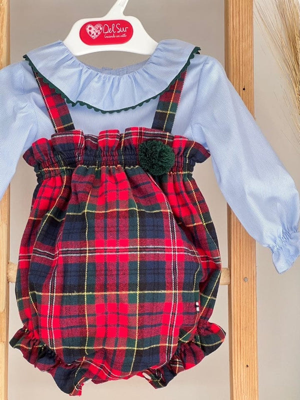 Checkered Strap Romper With Frilled Neck Blouse 1835